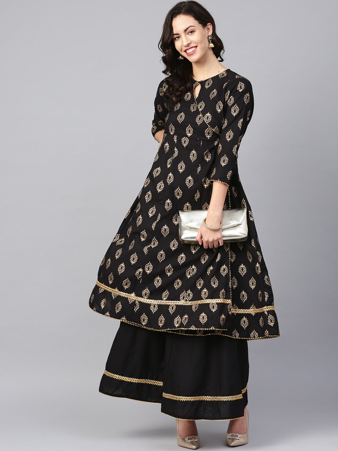 Black And Golden Printed Kurta With Palazzos