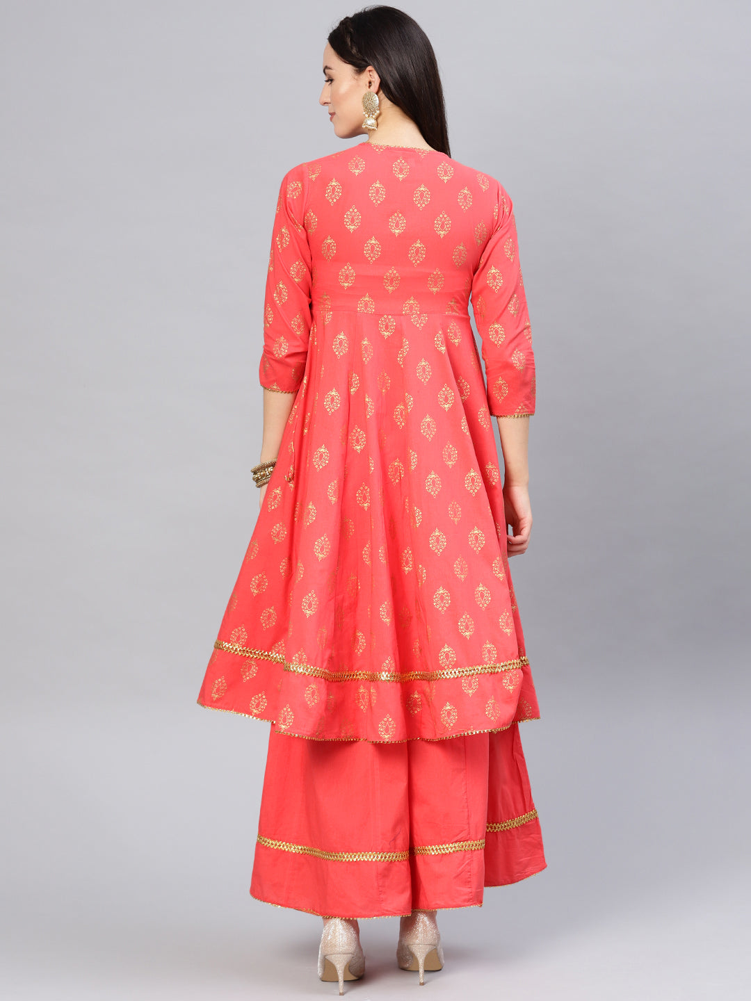 Peach And Golden Printed Kurta With Palazzos