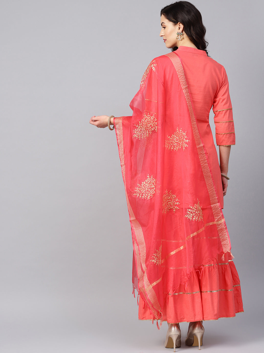 Peach Solid Kurta With Sharara And Dupatta