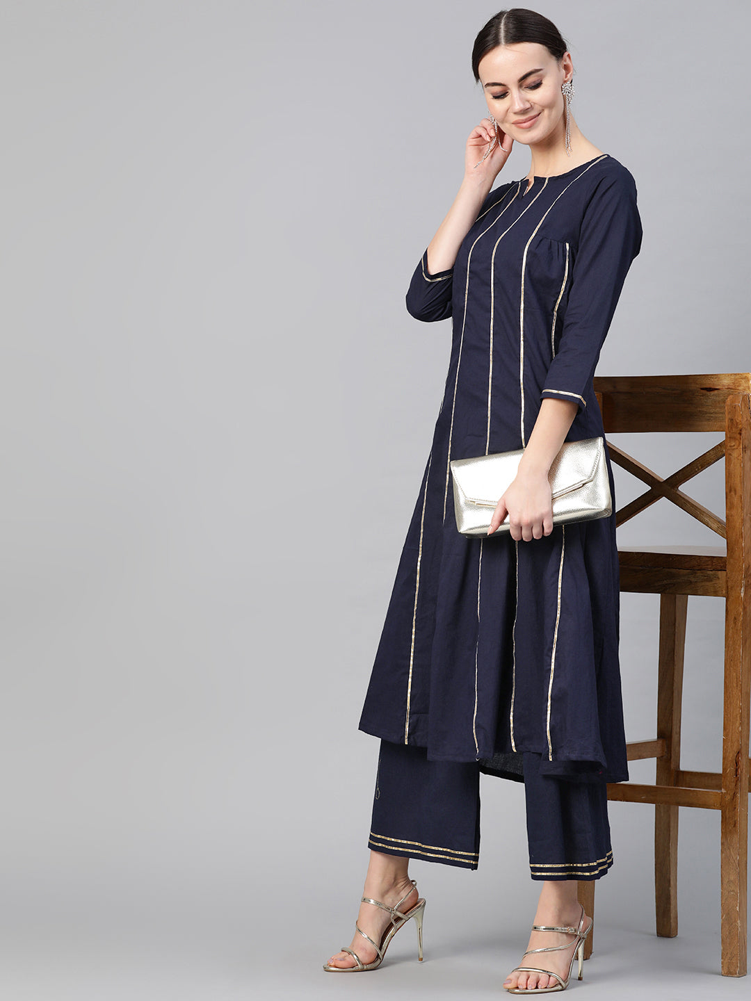 Navy Blue Gottta Patti Striped Kurta With Palazzos