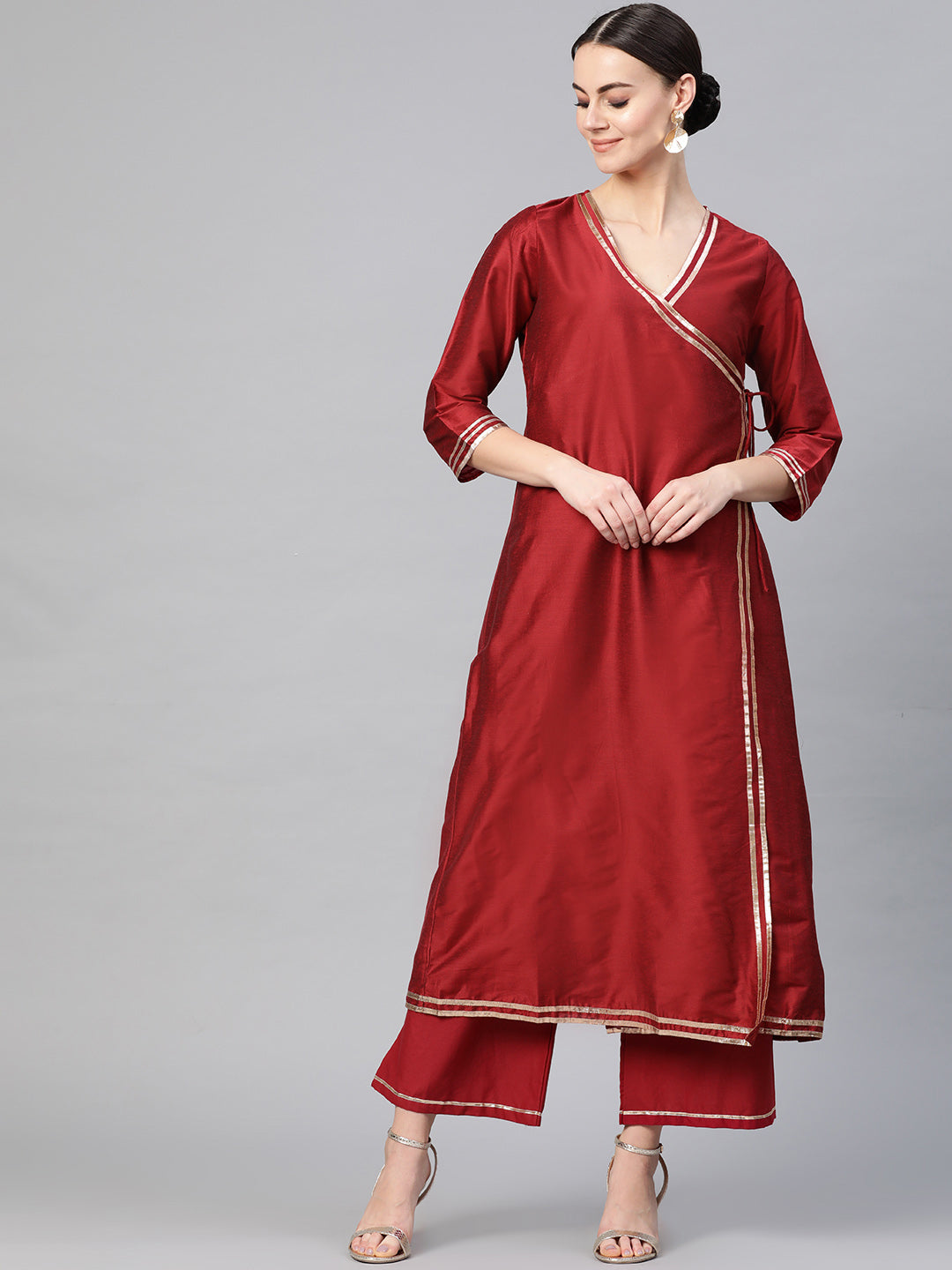 Bhama Couture Women Maroon Solid Angrakha Kurta with Palazzos
