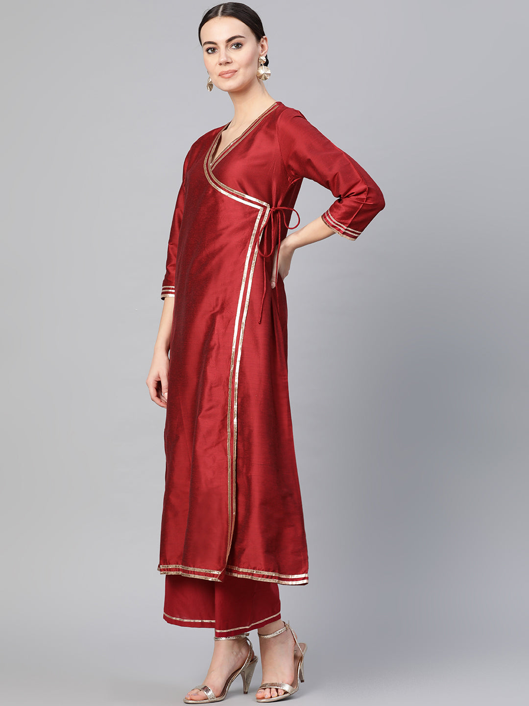 Bhama Couture Women Maroon Solid Angrakha Kurta with Palazzos