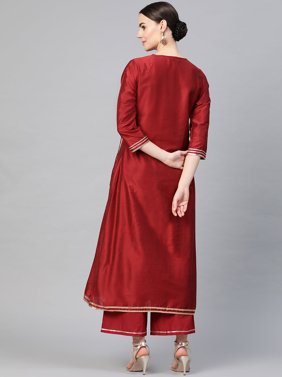 Bhama Couture Women Maroon Solid Angrakha Kurta with Palazzos