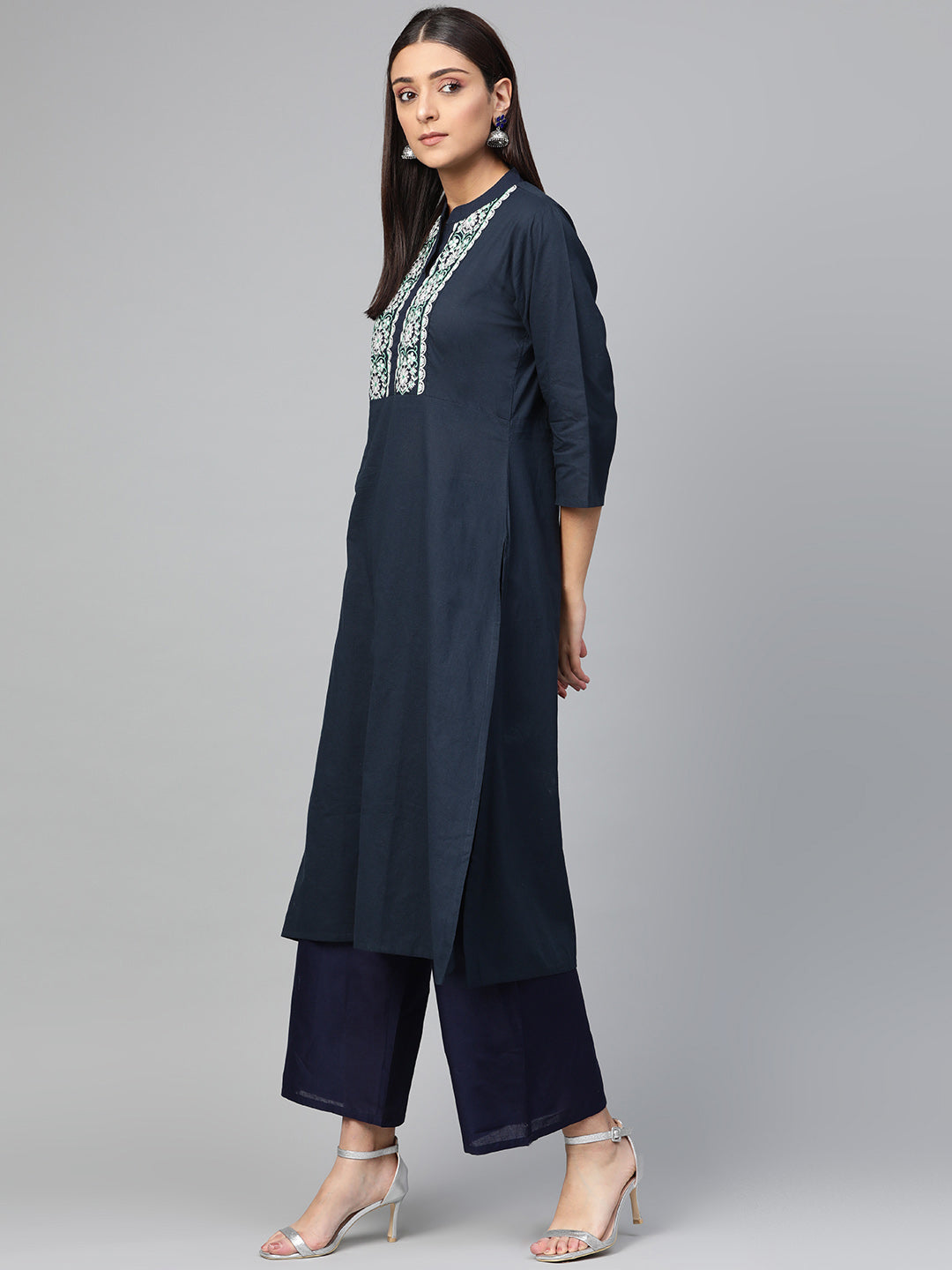 Bhama Couture Women Blue Ethnic Motifs Yoke Design Panelled Kurti with Palazzos