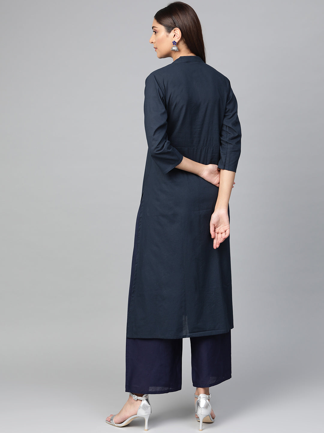 Bhama Couture Women Blue Ethnic Motifs Yoke Design Panelled Kurti with Palazzos