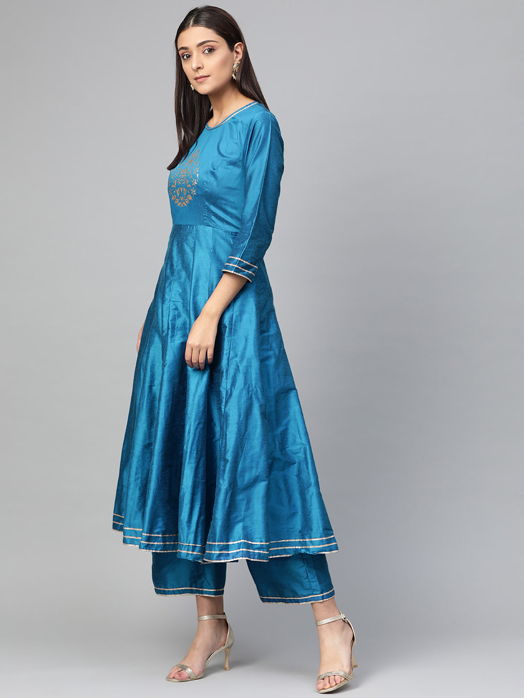 Bhama Couture Women Blue Yoke Design Silk Kurta with Palazzos