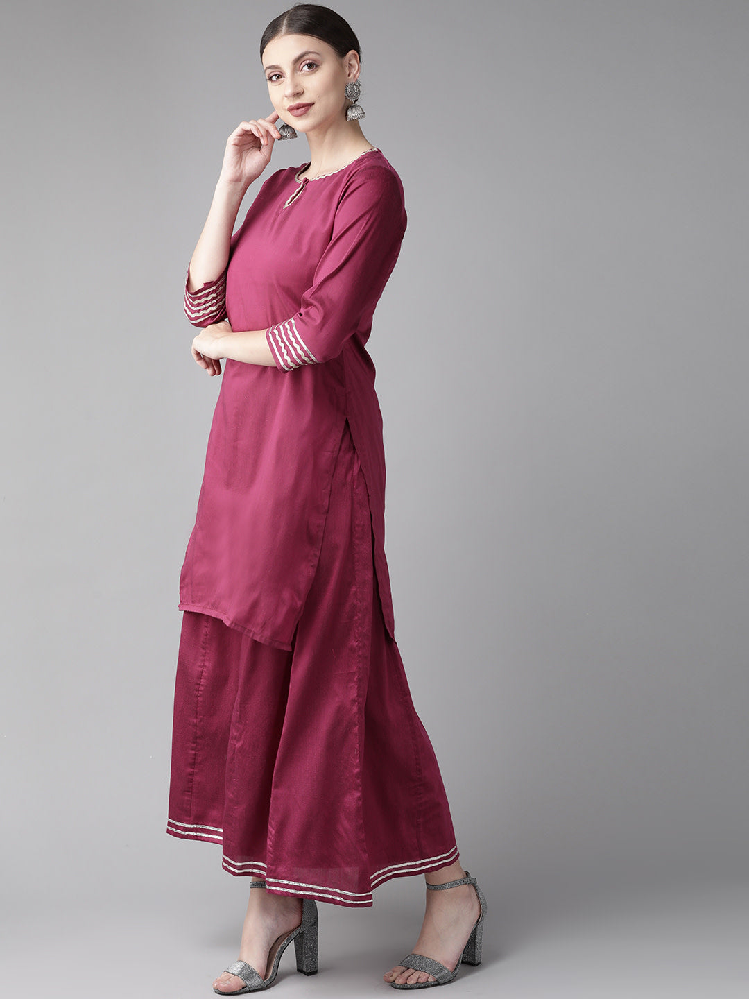 Bhama Couture Women Purple & Green Solid Kurta with Palazzos & Dupatta