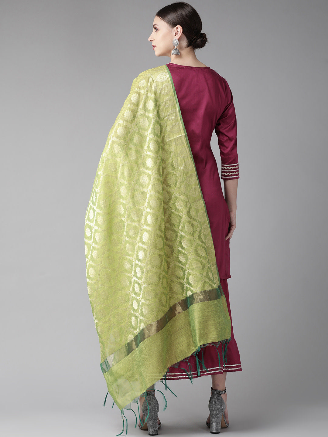 Bhama Couture Women Purple & Green Solid Kurta with Palazzos & Dupatta