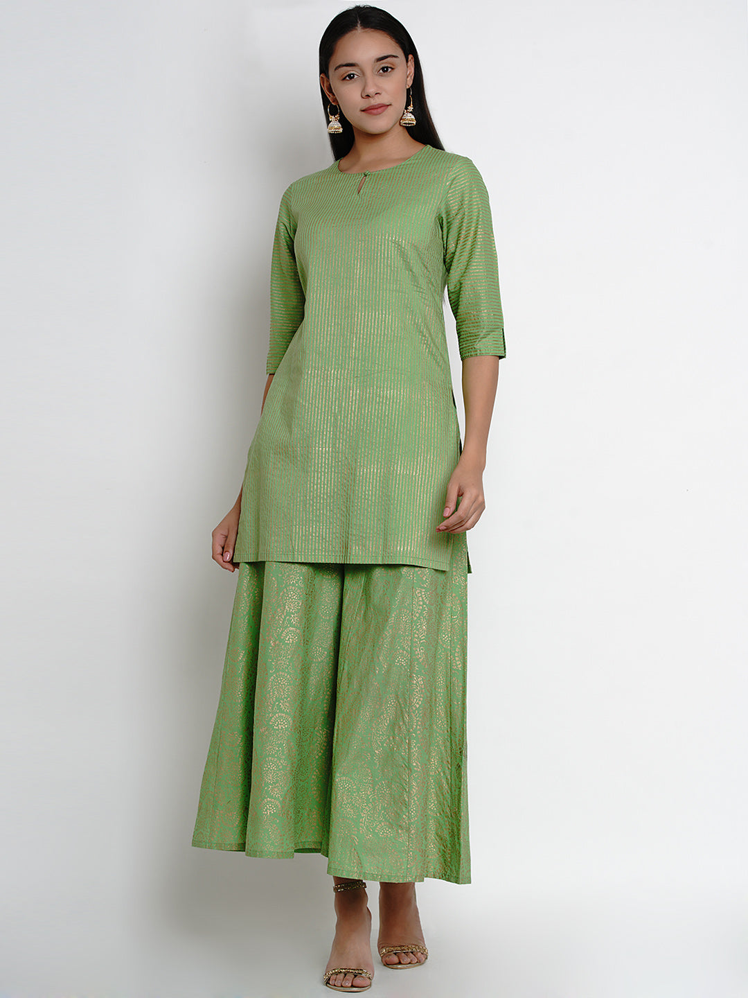 Green And Gold-Toned Striped Kurta With Palazzos