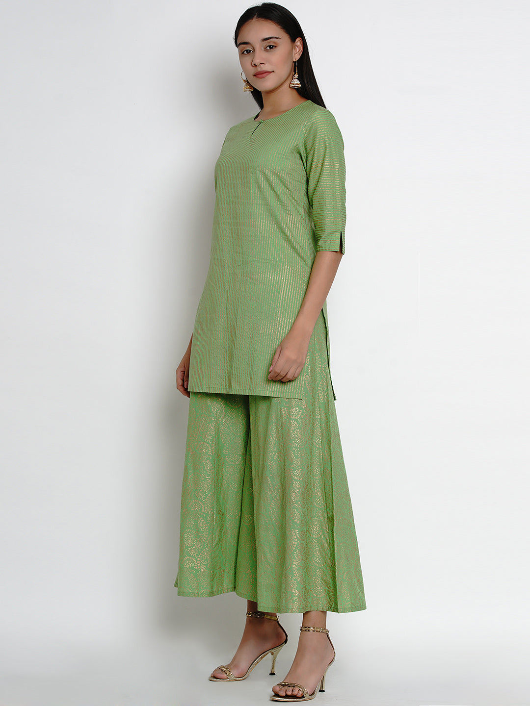 Green And Gold-Toned Striped Kurta With Palazzos