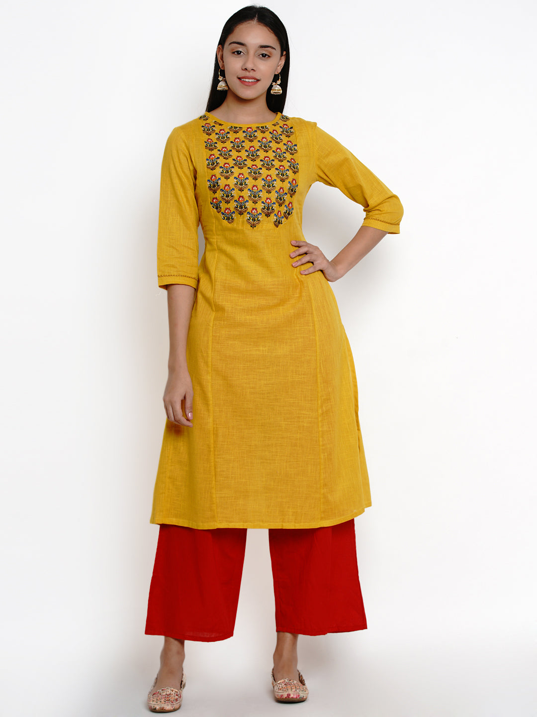 Bhama Couture Women Mustard & Red Yoke Design Kurti with Palazzos