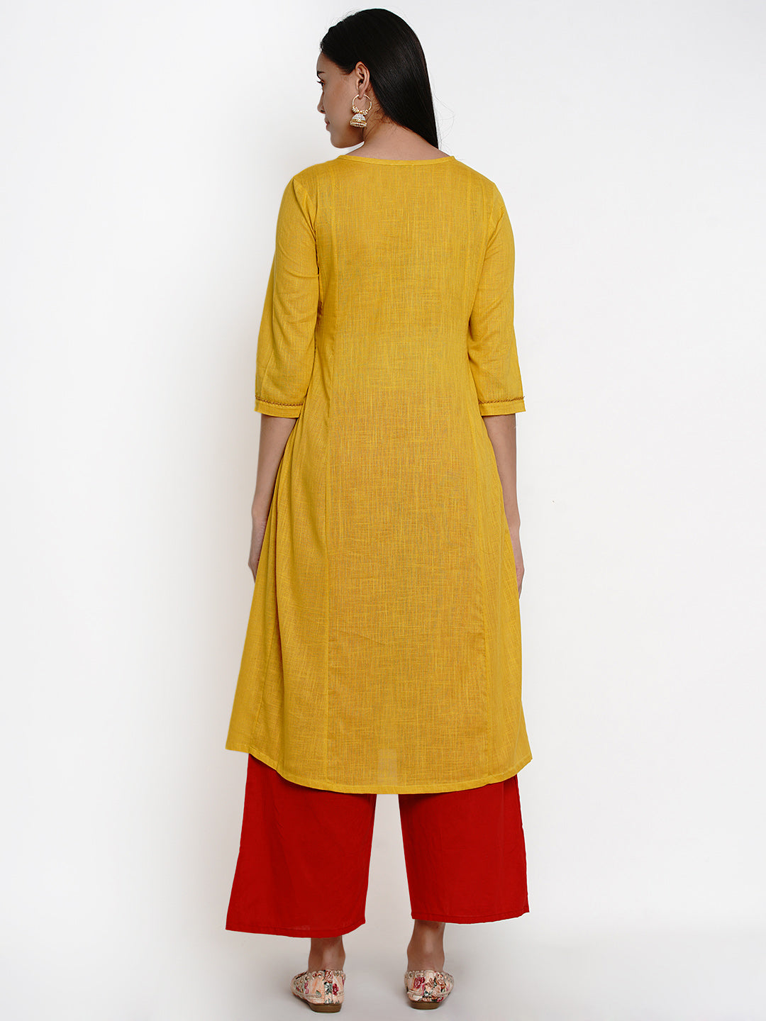 Bhama Couture Women Mustard & Red Yoke Design Kurti with Palazzos