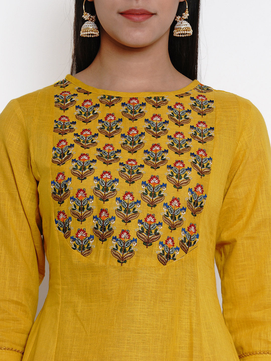 Bhama Couture Women Mustard & Red Yoke Design Kurti with Palazzos