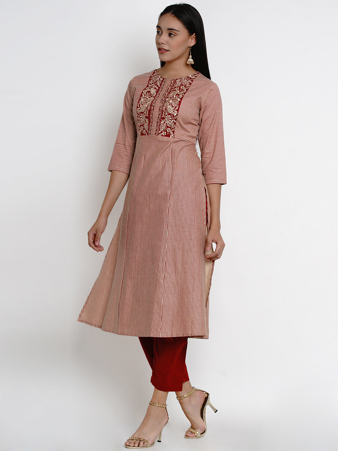 Bhama Couture Women Beige Striped Regular Thread Work Pure Cotton Kurta with Palazzos