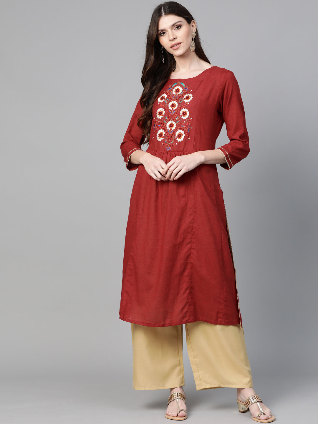 Bhama Couture Women Maroon & Beige Yoke Design Kurta with Palazzos