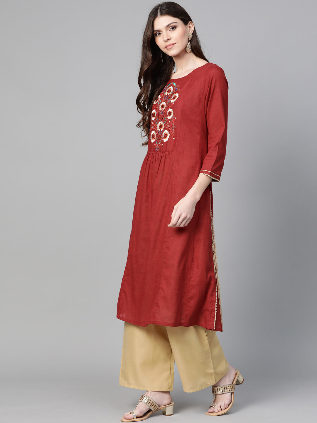 Bhama Couture Women Maroon & Beige Yoke Design Kurta with Palazzos