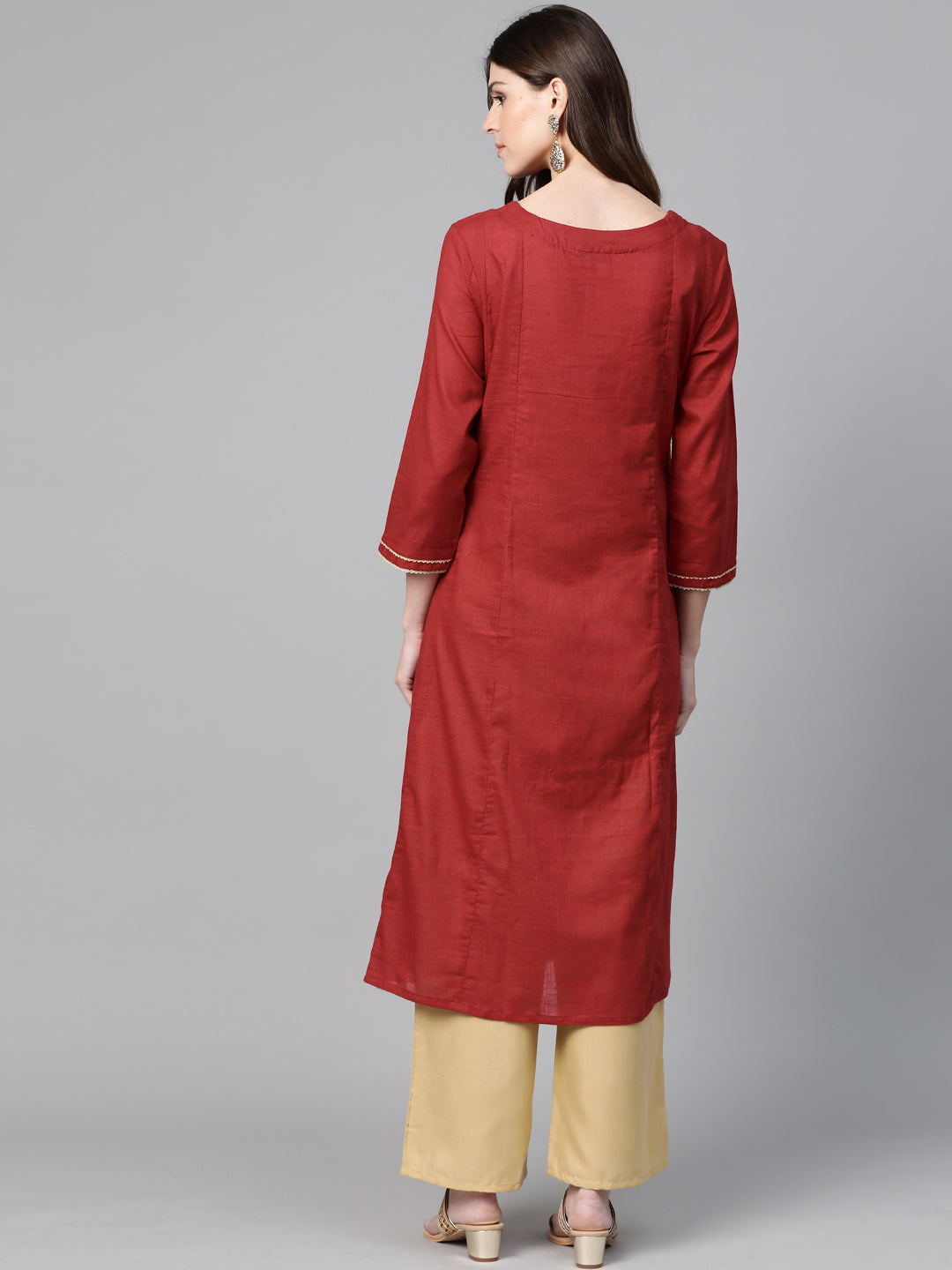 Bhama Couture Women Maroon & Beige Yoke Design Kurta with Palazzos