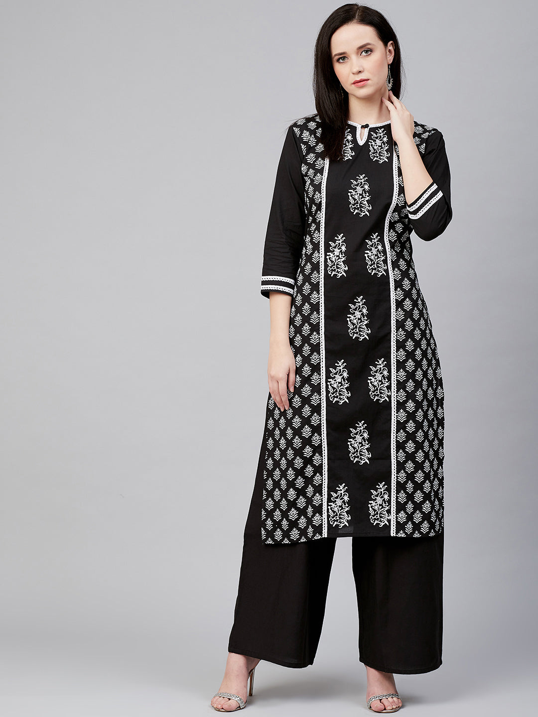 Bhama Couture Women Black & White Block Print Kurta with Palazzos