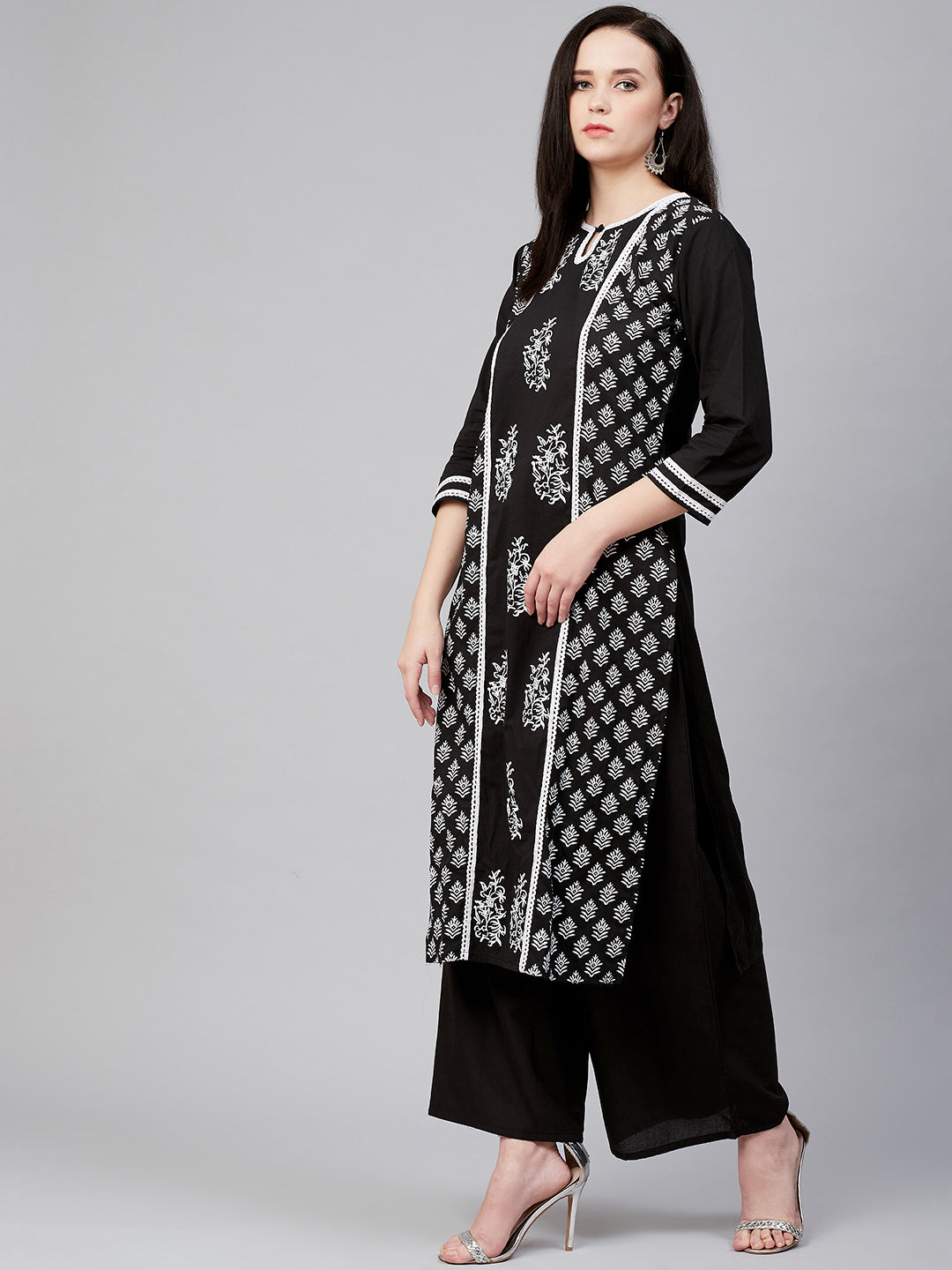 Bhama Couture Women Black & White Block Print Kurta with Palazzos