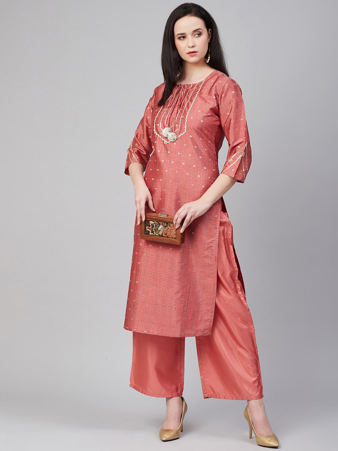 Peach Gotta Patti Lace Details Kurta With Palazzos