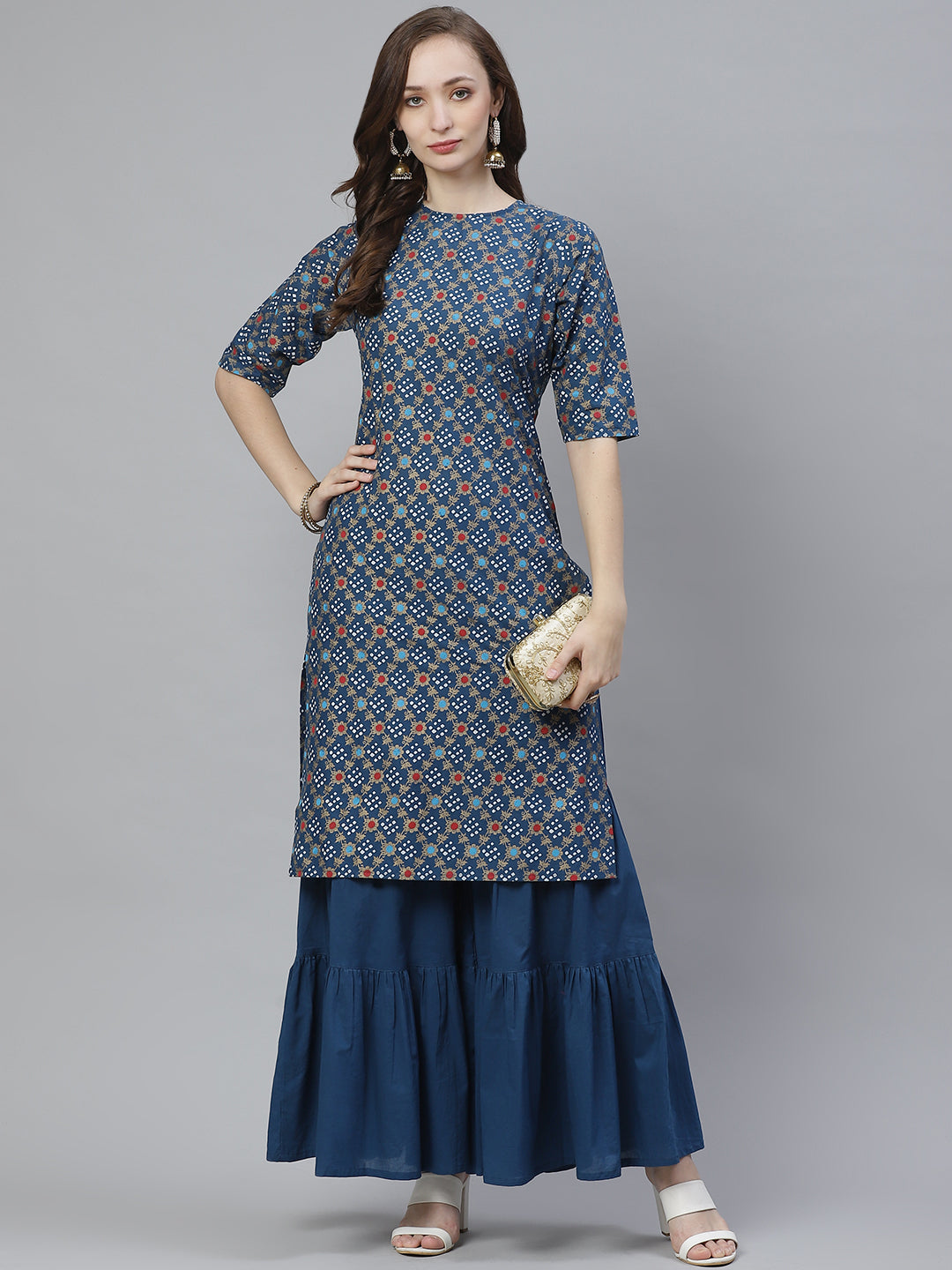 Bhama Couture Women Blue & Golden Screen Bandhani Printed Kurta with Sharara