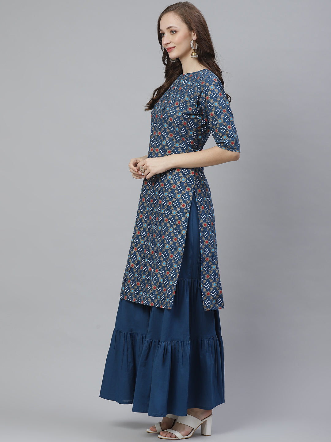 Bhama Couture Women Blue & Golden Screen Bandhani Printed Kurta with Sharara
