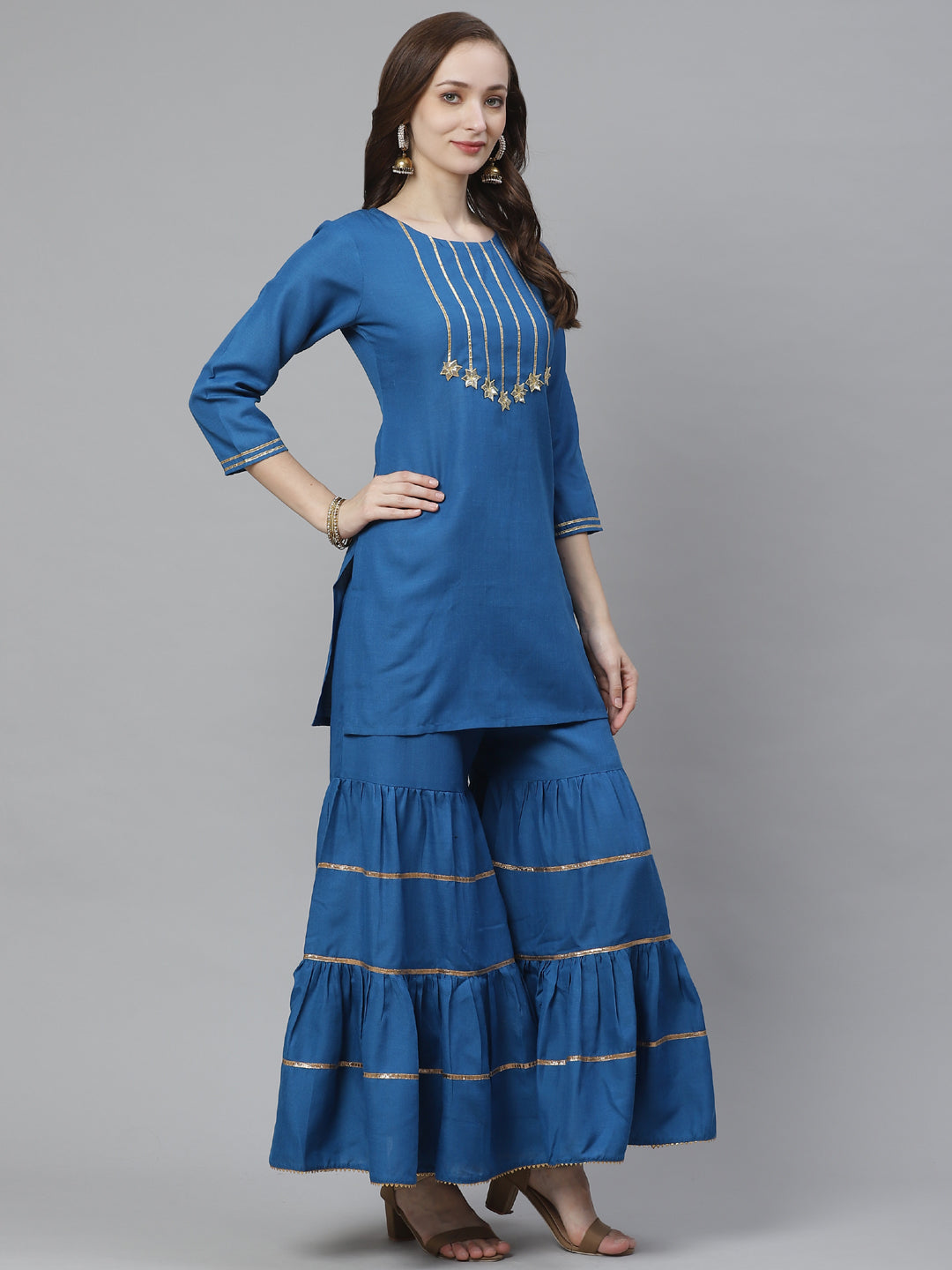 Bhama Couture Women Teal Blue Gotta Patti Yoke Design Kurta with Sharara