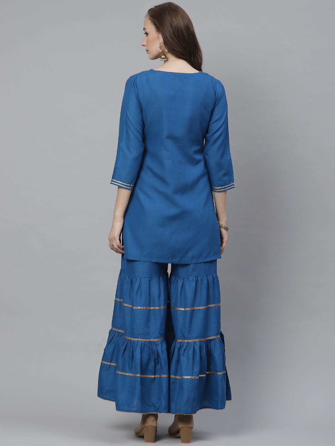 Bhama Couture Women Teal Blue Gotta Patti Yoke Design Kurta with Sharara