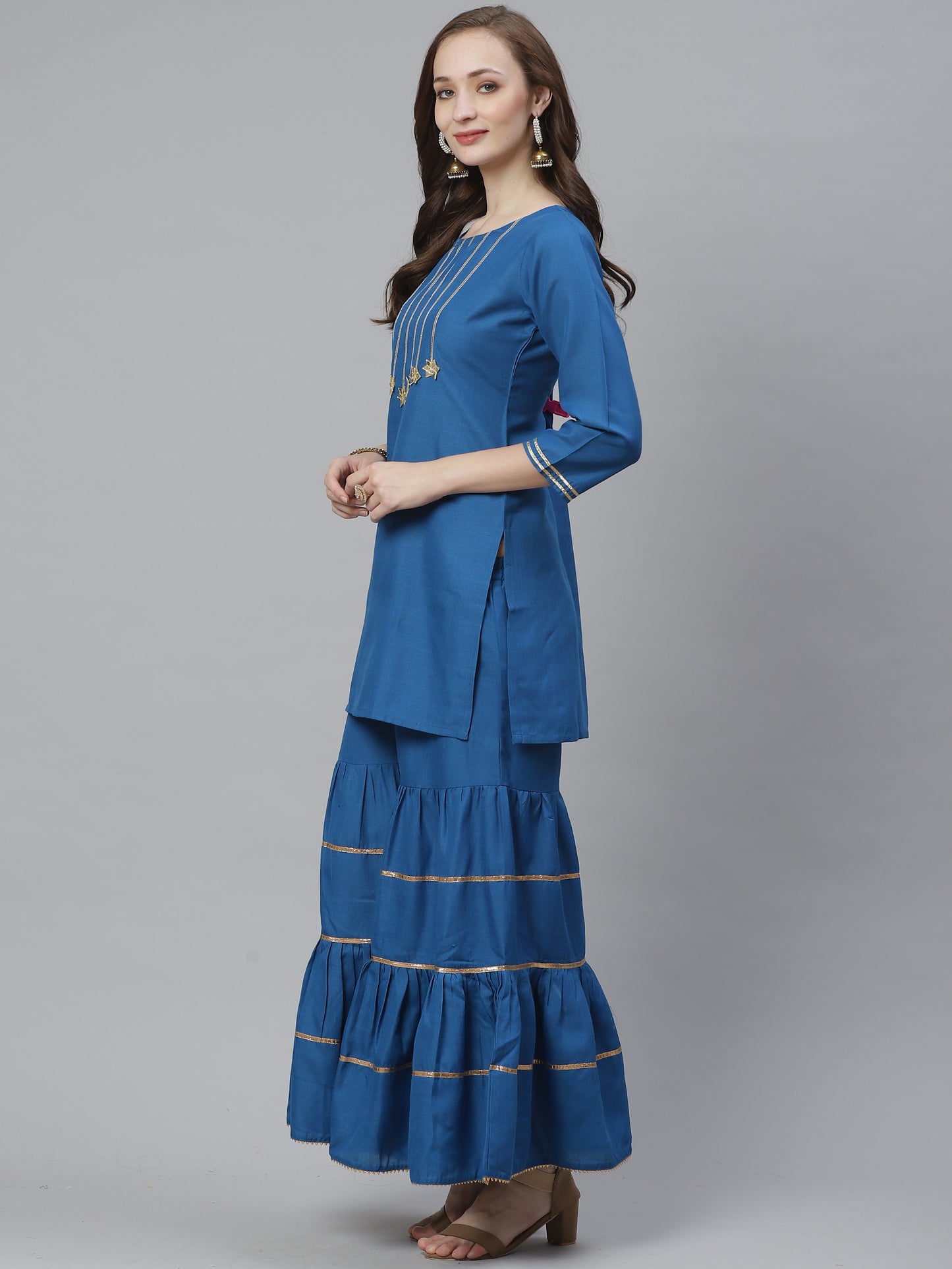 Bhama Couture Women Teal Blue Gotta Patti Yoke Design Kurta with Sharara