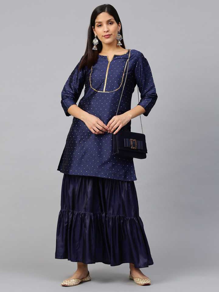 Bhama Couture Women Navy Blue & Golden Satin Finish Self Design Kurta with Sharara