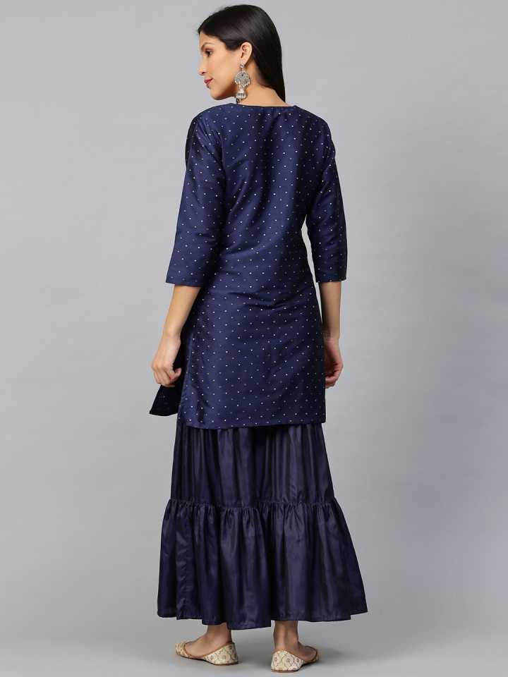 Bhama Couture Women Navy Blue & Golden Satin Finish Self Design Kurta with Sharara