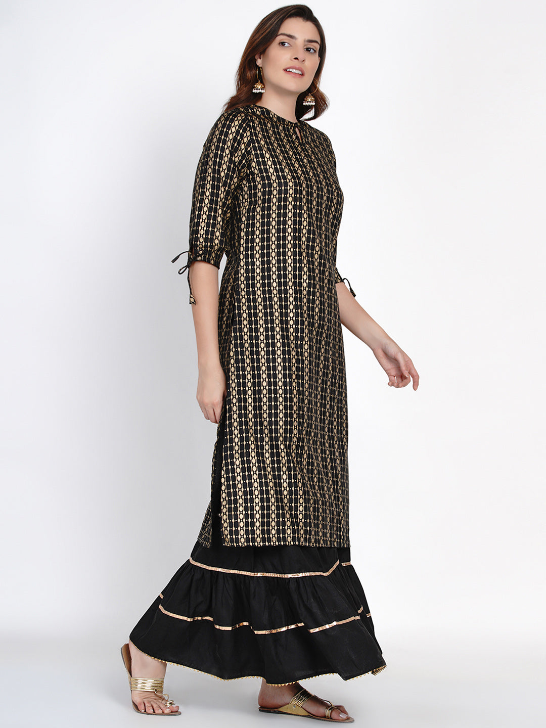 Black and gold-toned printed kurta with sharara