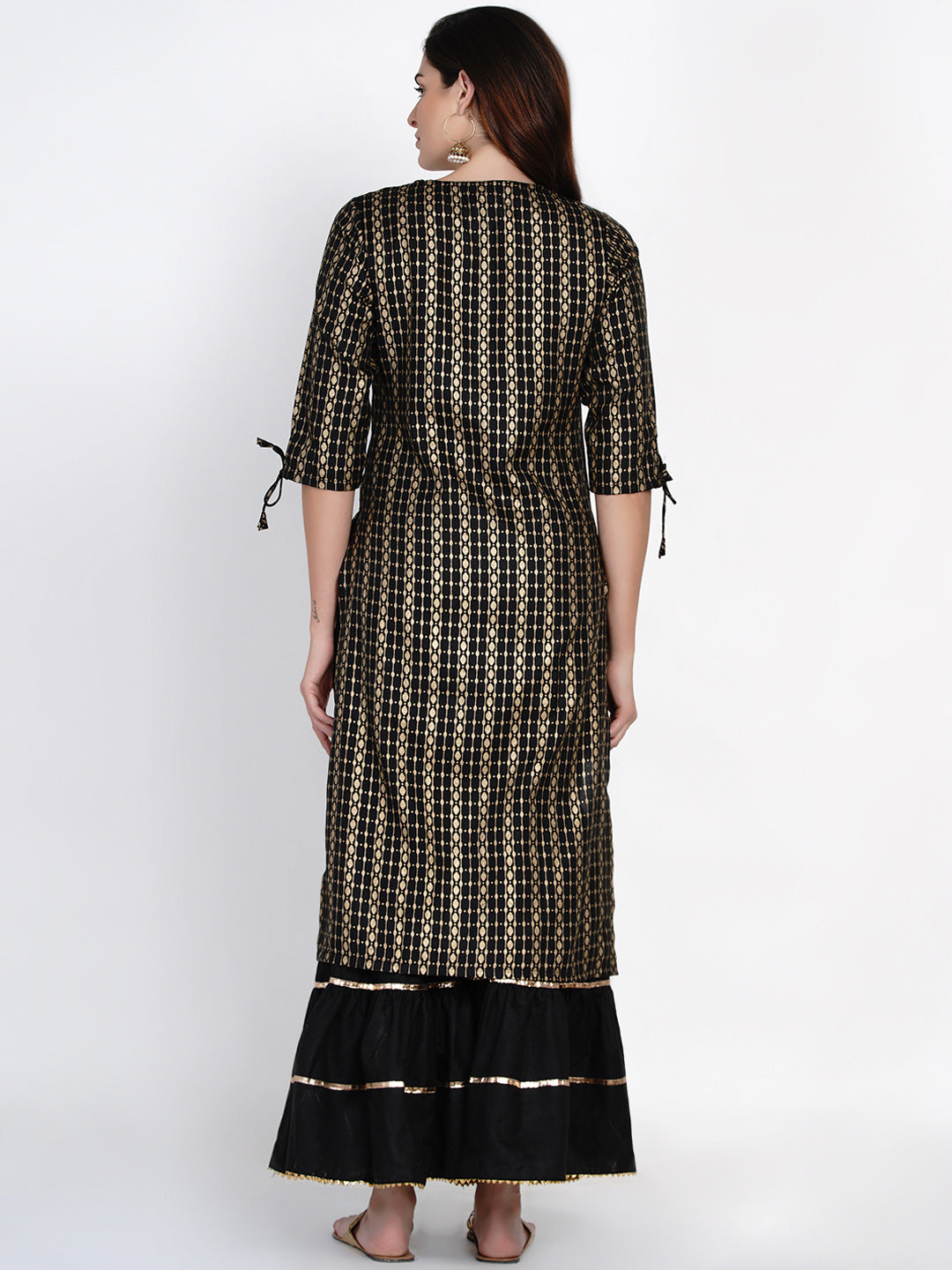 Black and gold-toned printed kurta with sharara