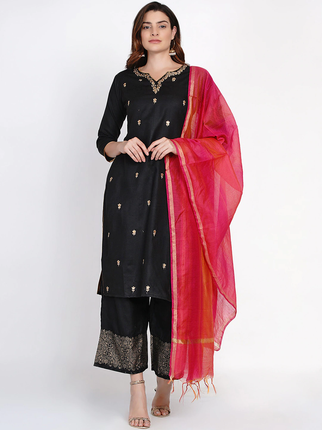 Black And Golden Embroidered Kurta With Palazzos And Dupatta