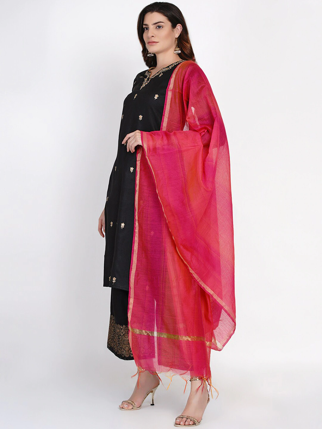 Black And Golden Embroidered Kurta With Palazzos And Dupatta