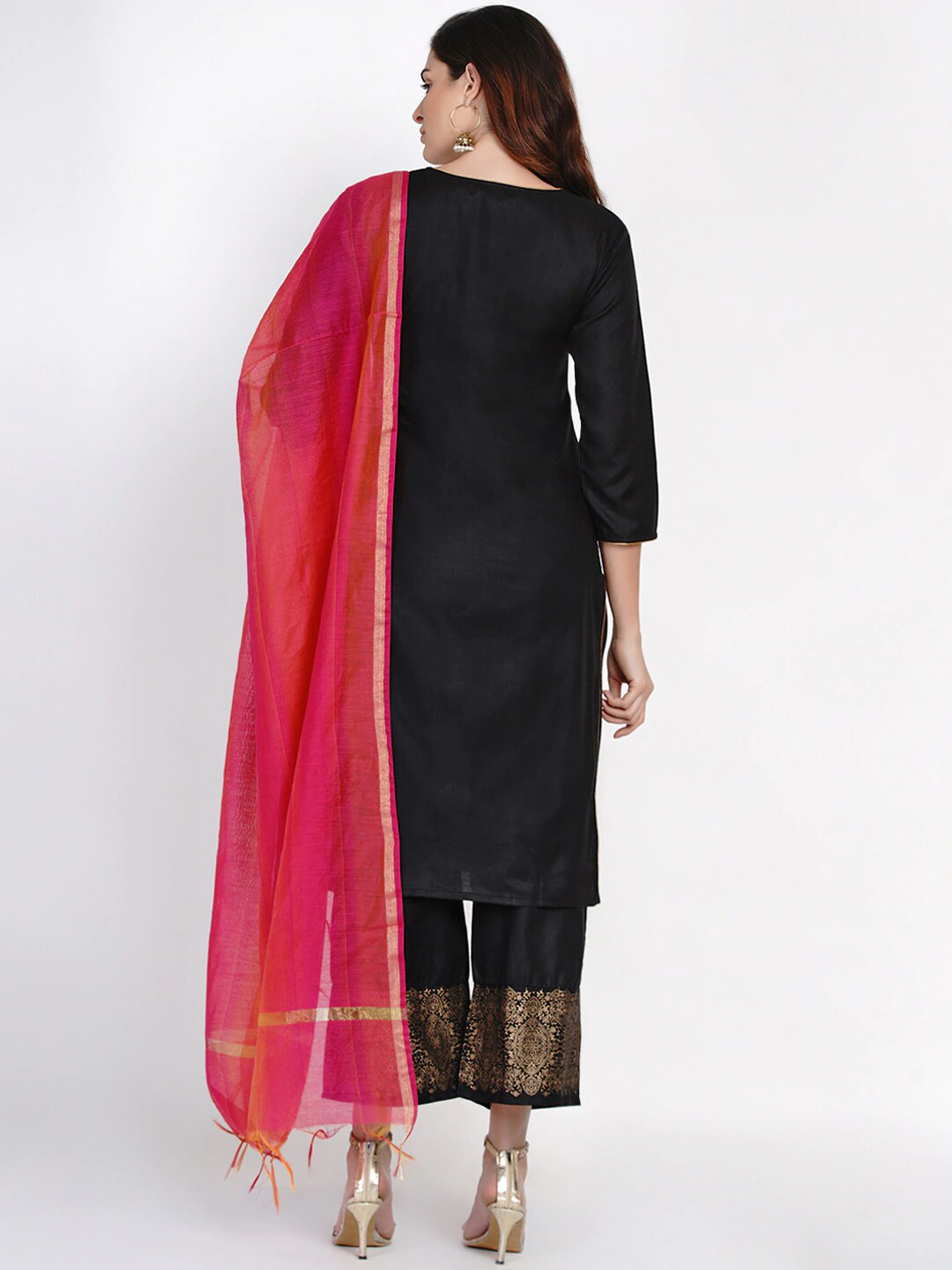 Black And Golden Embroidered Kurta With Palazzos And Dupatta