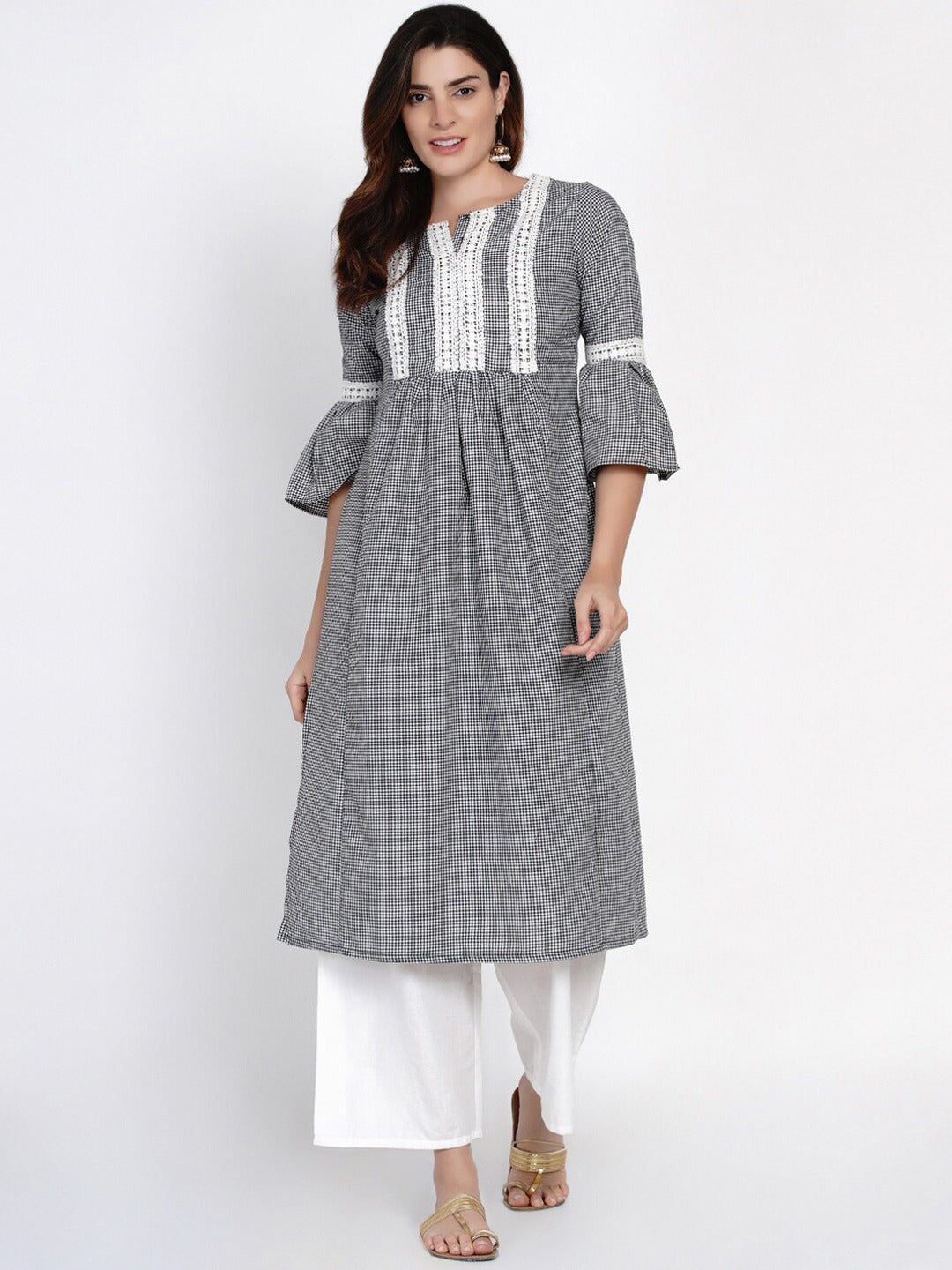 White & Black Checked Print Kurti With Lace Work Detailing With Palazzos