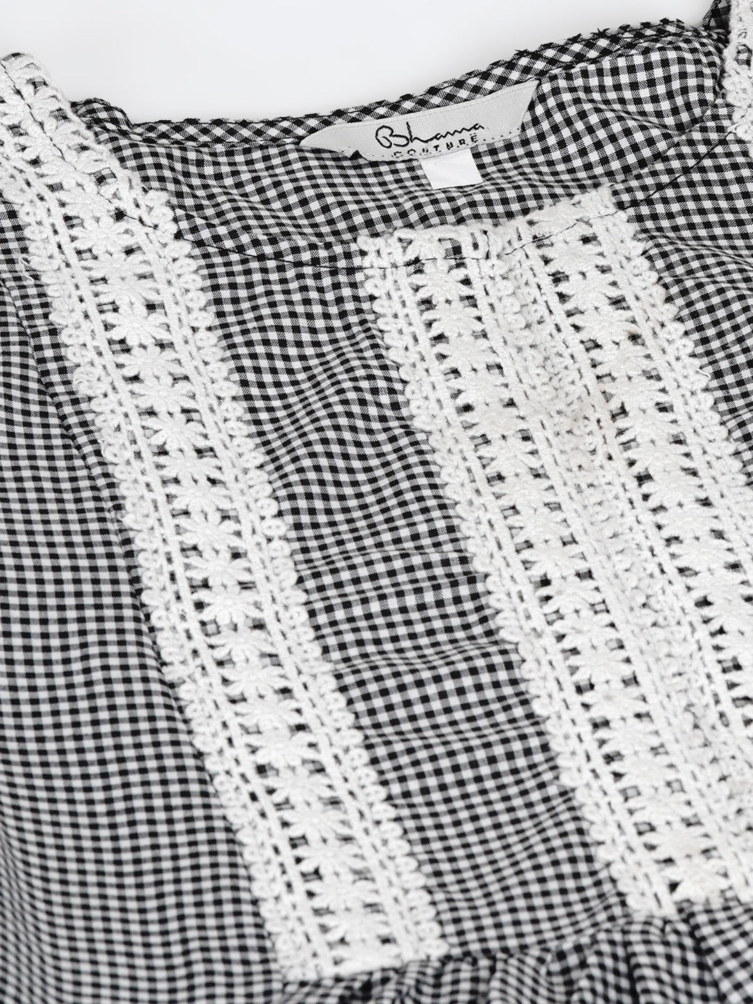 White & Black Checked Print Kurti With Lace Work Detailing With Palazzos