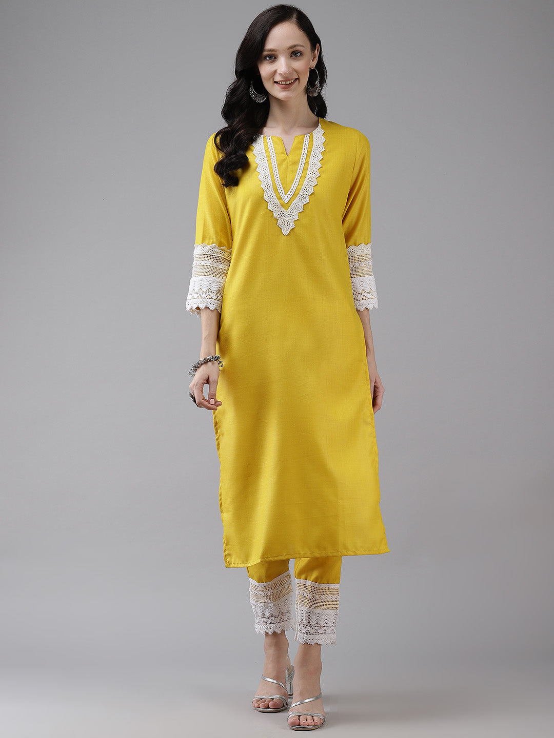 Yellow Solid Kurta & Trousers With Lace Insert Detail