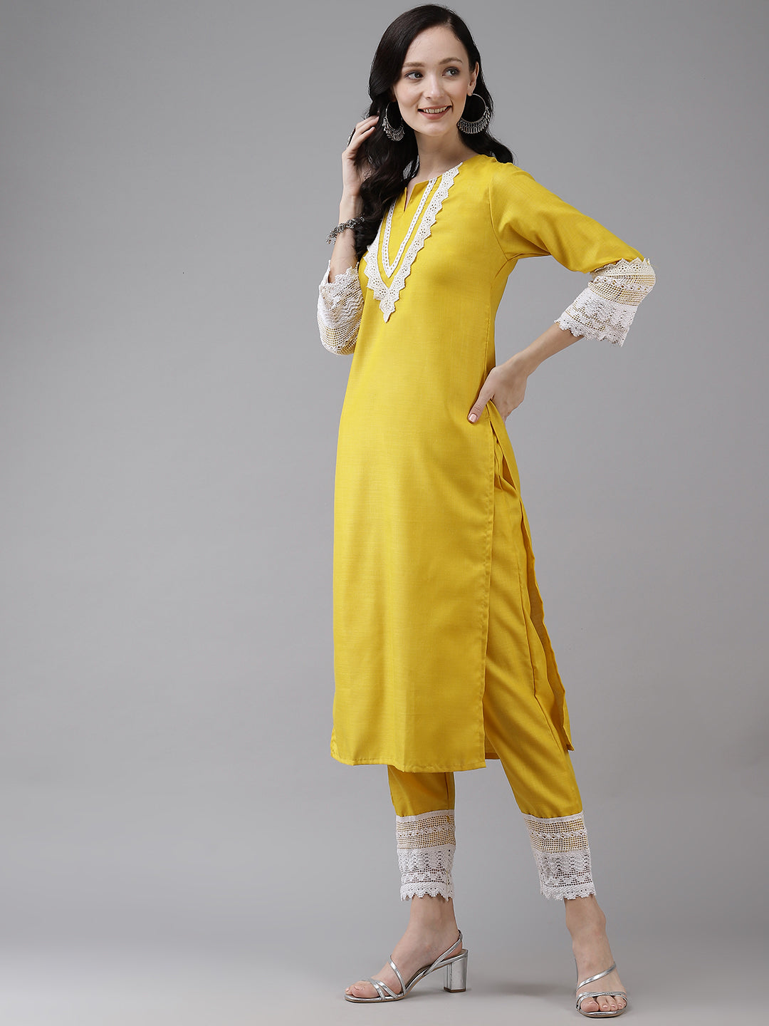 Yellow Solid Kurta & Trousers With Lace Insert Detail