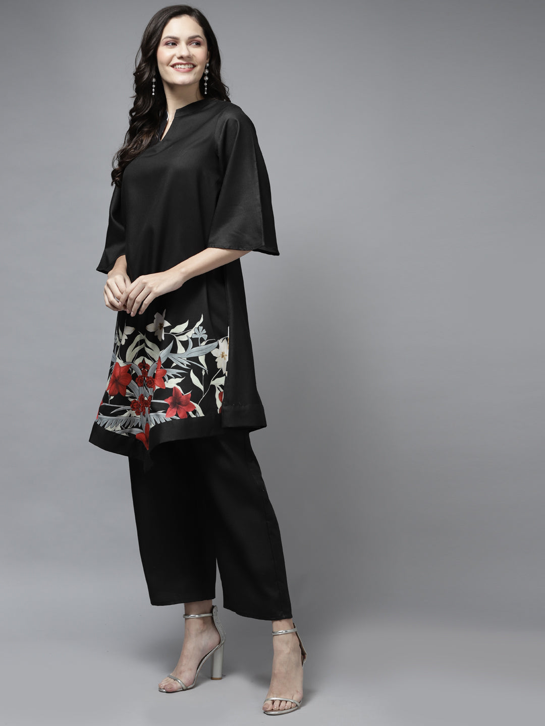 Black Floral Printed Kurta With Palazzos