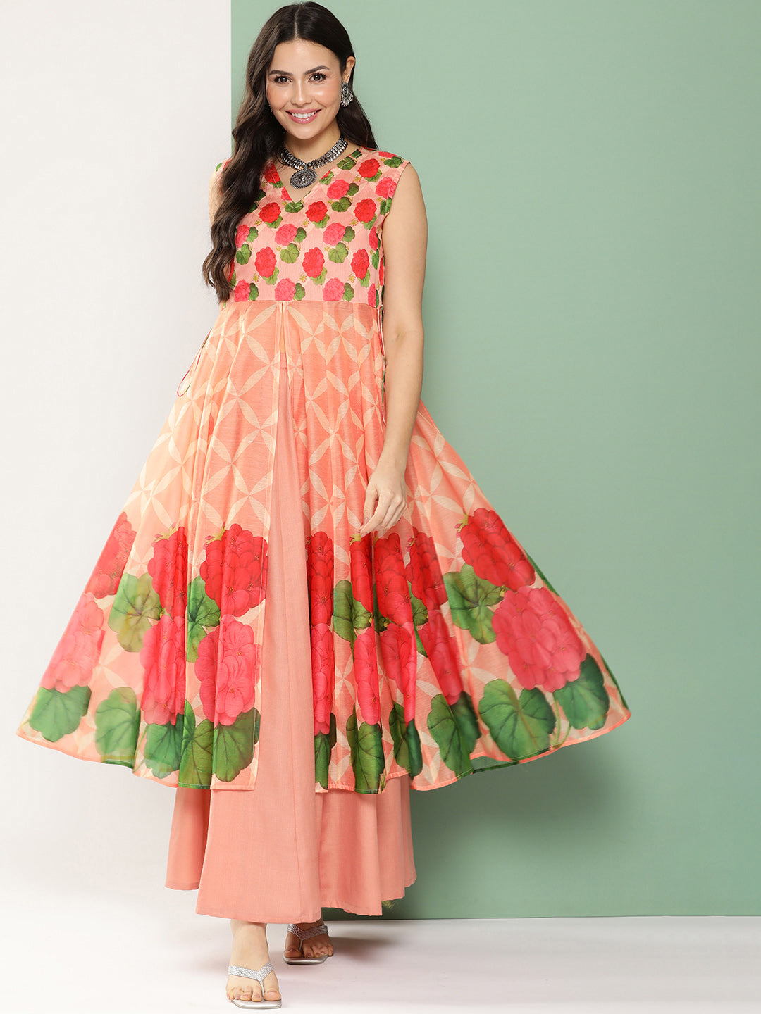 Peach Chanderi Floral Printed Mid Open Kurta With Skirt.