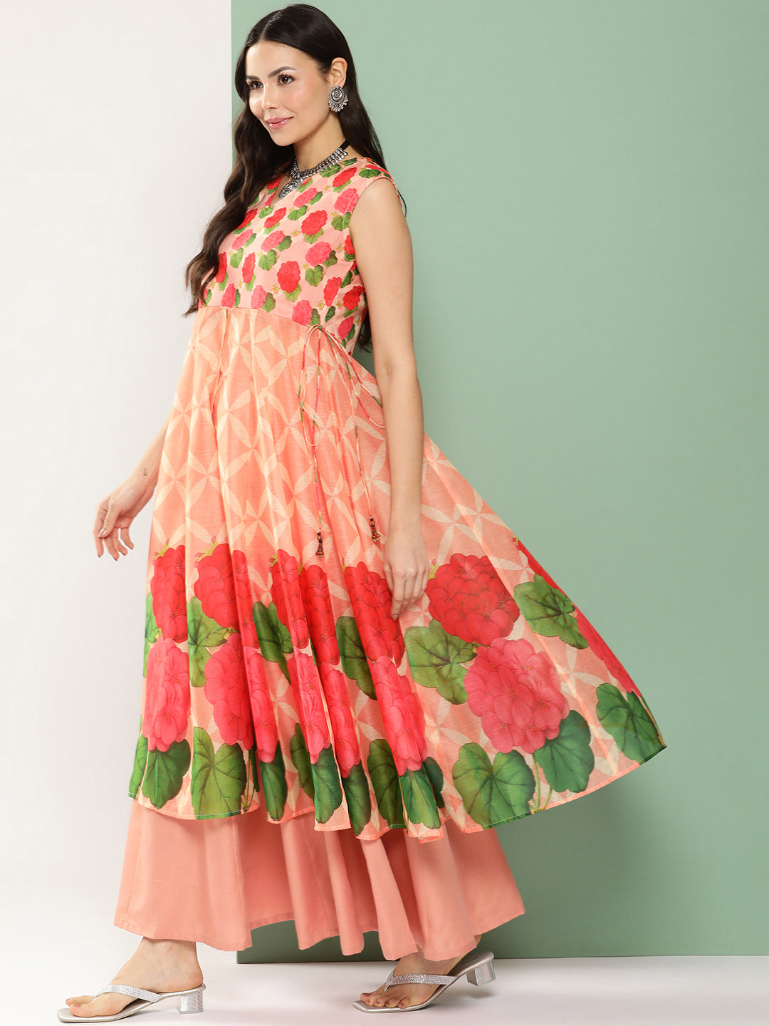 Peach Chanderi Floral Printed Mid Open Kurta With Skirt.