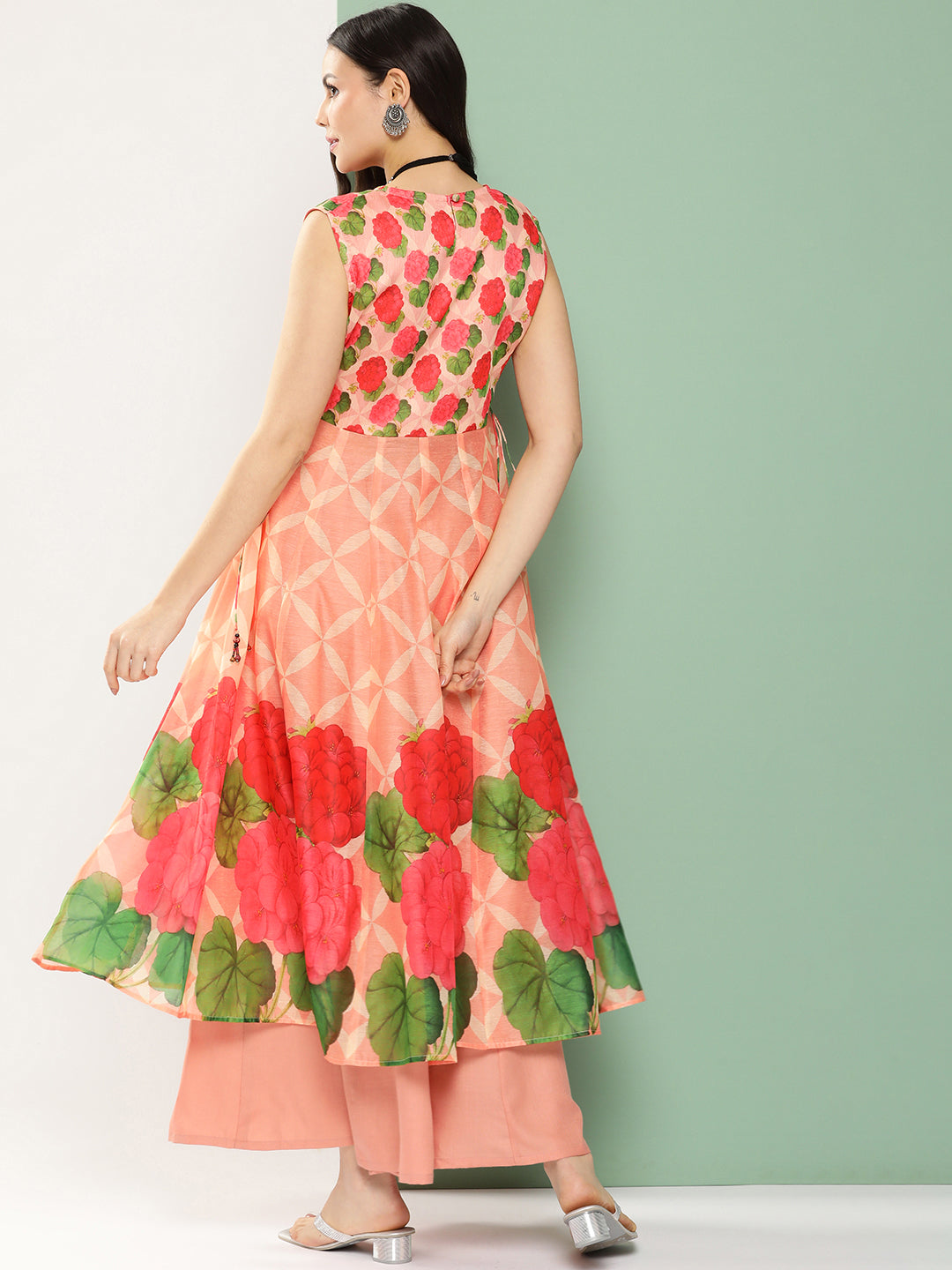 Peach Chanderi Floral Printed Mid Open Kurta With Skirt.