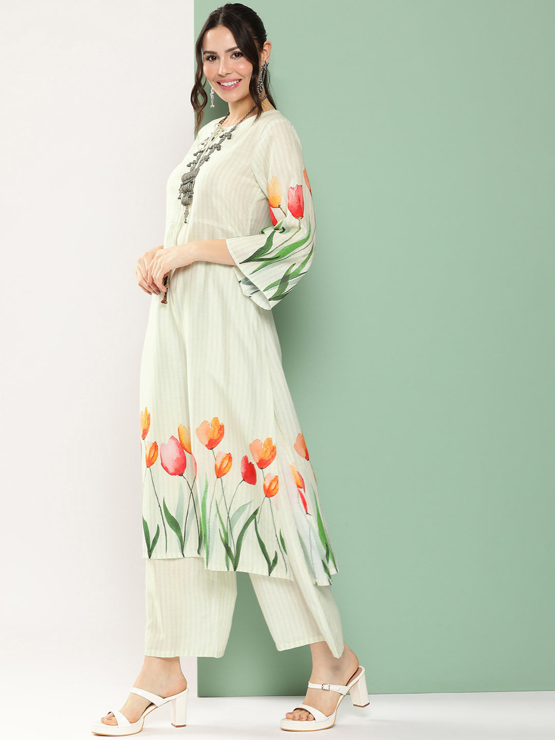 Blue Tulip Print Kurta With Palazzos