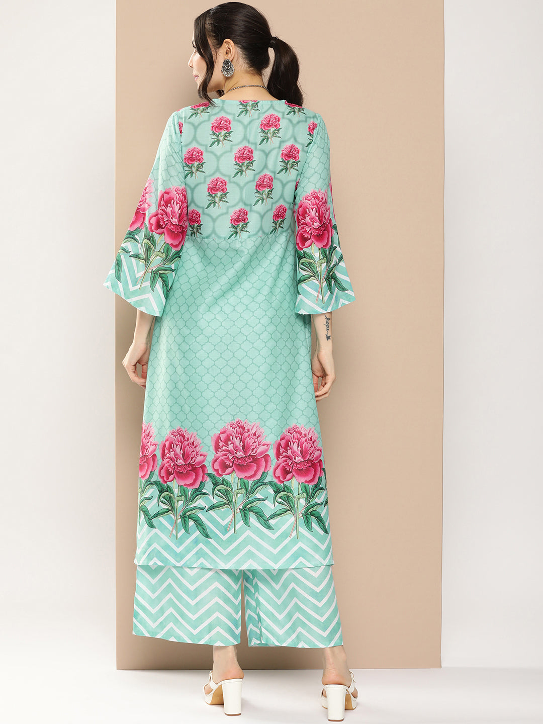 Blue Floral Printed A-Line Kurta With Palazzos