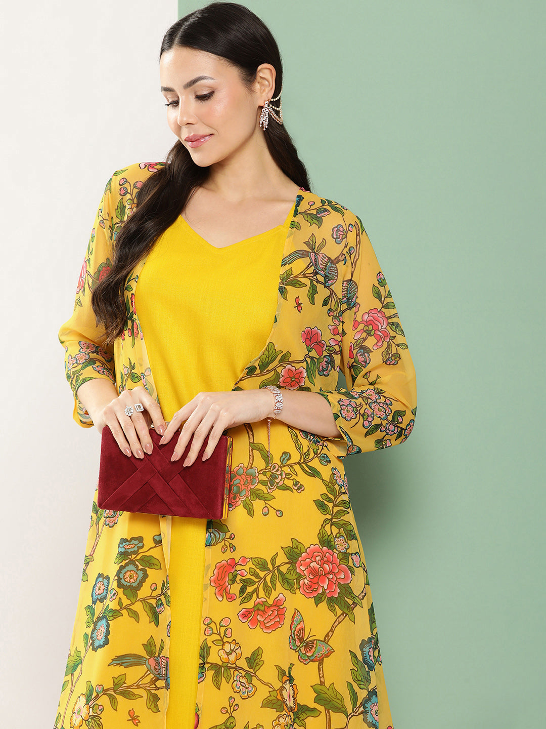 Mustard Floral Printed Jacket, Kurta With Palazzos.
