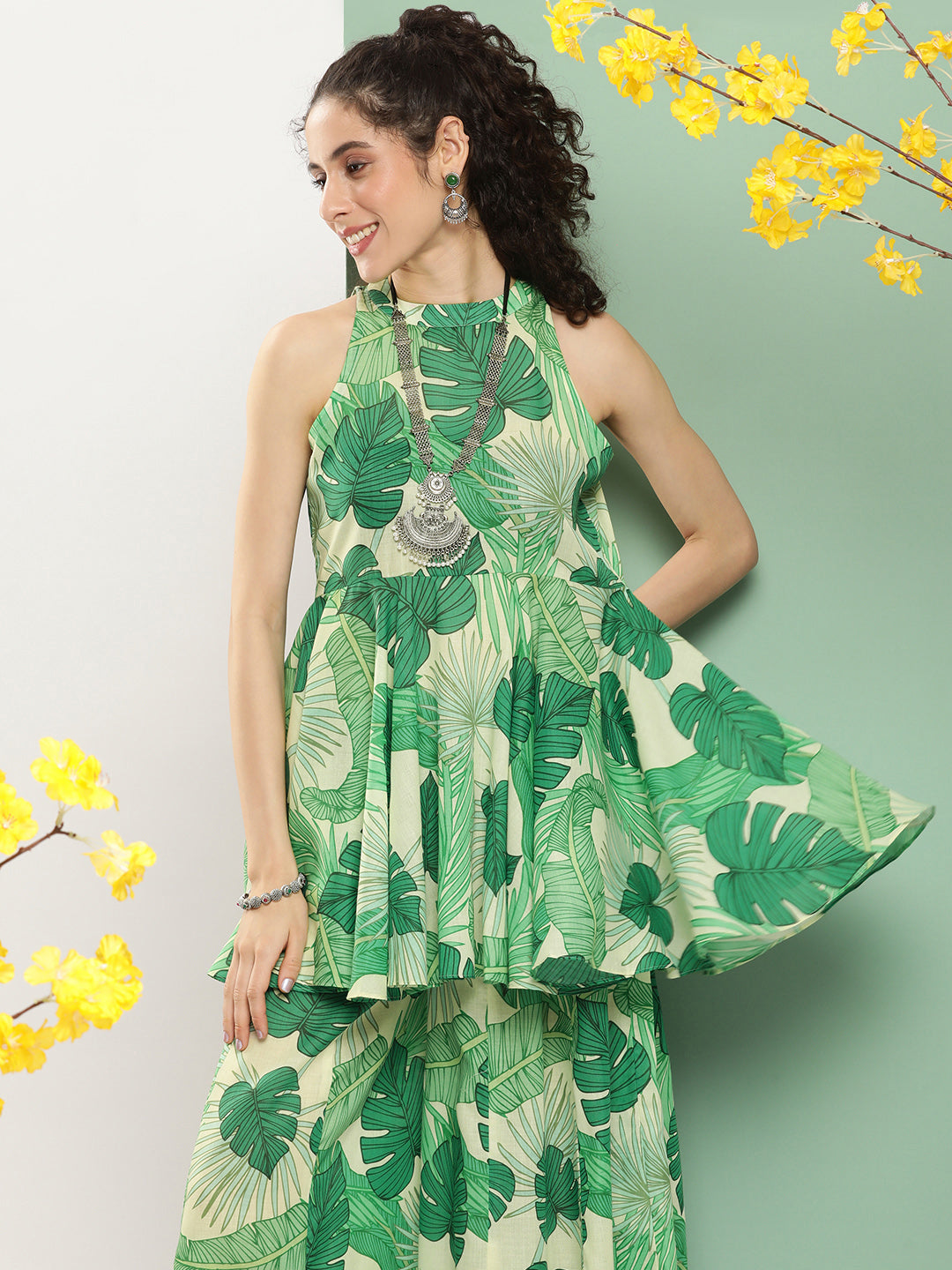 Bhama Couture Green Leaf Print Short Kurta With Sharara