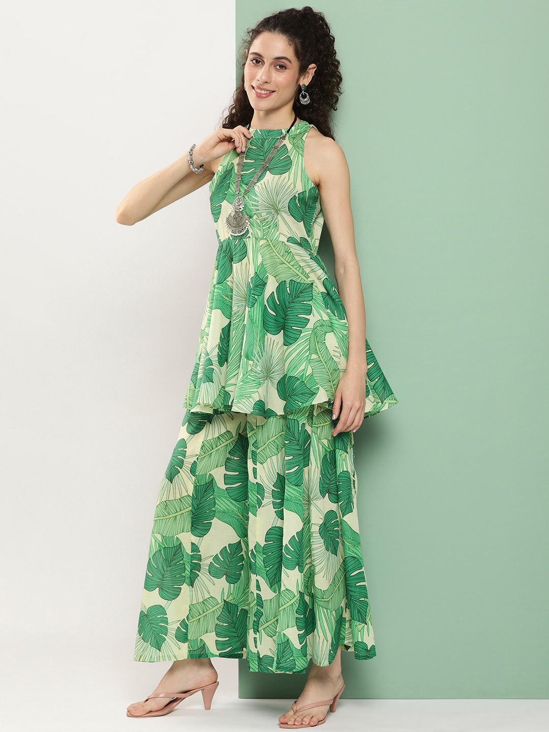 Bhama Couture Green Leaf Print Short Kurta With Sharara