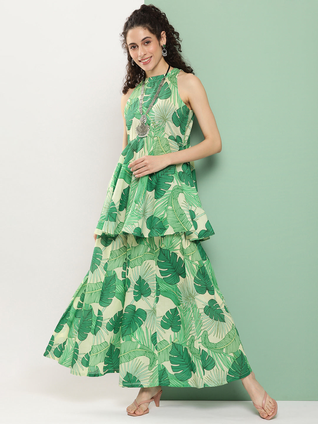Bhama Couture Green Leaf Print Short Kurta With Sharara